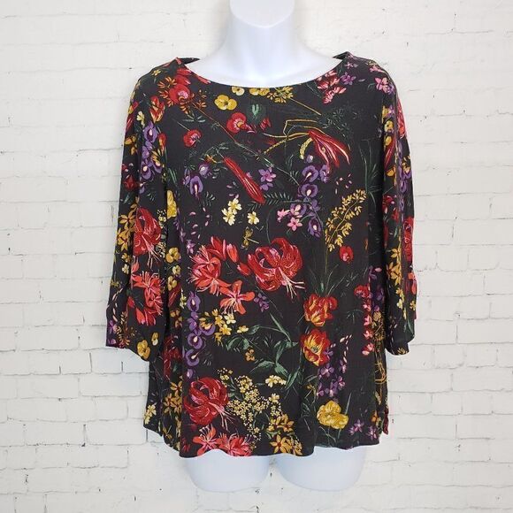 H&M Top Black Floral 3/4 Sleeves Fall Blouse - Picture 1 of 8